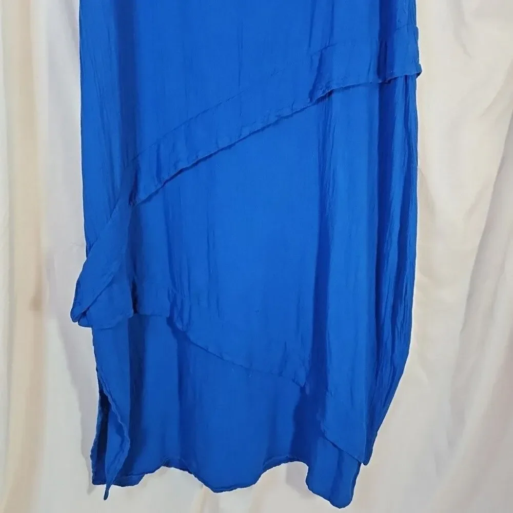 Oh My Gauze! Blue Ruffle Maxi Dress Women's 2 L XL Lagenlook Cotton Square Neck - Picture 4 of 7